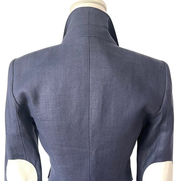 Smythe Navy Linen Duchess Blazer White Elbow Patches Single Button Canada Size 4 - Picture 6 of 9